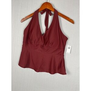 Old Navy Tankini Top Womens L Burgundy Halter Peplum V-Neck Swimwear NWT